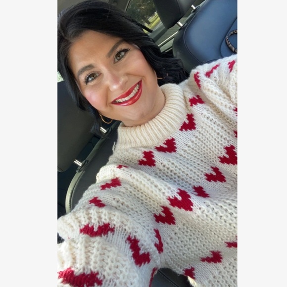 Hearts Print Red on Beige Knit Pullover Sweater Long Sleeve - Picture 14 of 16